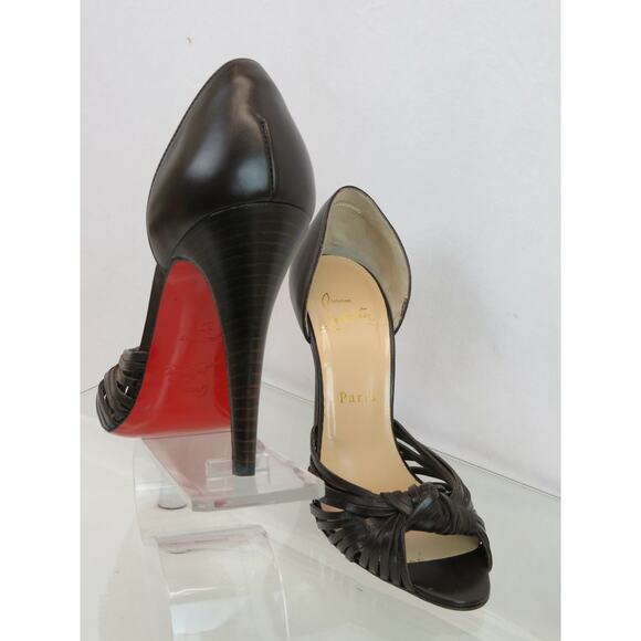 LOUBOUTIN MIRANDA 100 BROWN LEATHER D'ORSAY STRAPPY KNOTTED OPEN TOE PUMPS 37 - Picture 8 of 12